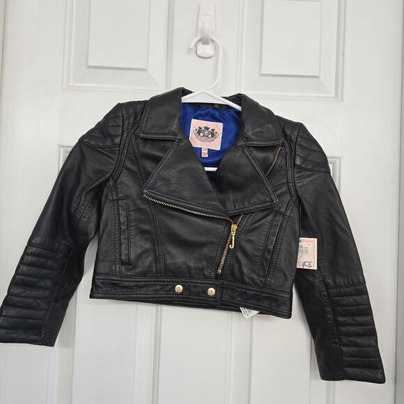Juicy Couture Lamb Leather Motorcycle Jacket Girls 4/5 Black Biker Y2K Winter - Picture 2 of 10